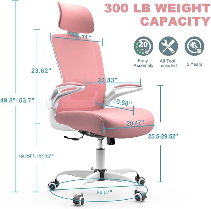 Mimoglad Office Chair, High Back Ergonomic Desk Chair with Adjustable Lumbar Support and Headrest, Swivel Task Chair with flip-up Armrests for Guitar Playing