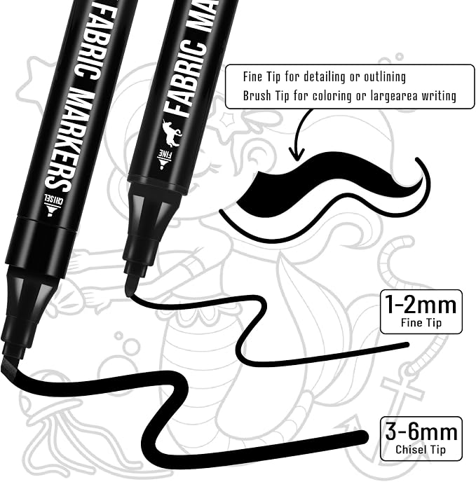 Pagather Fabric Markers, 6 Pack Black Dual Tip Pens for Clothes | For T-Shirts, Tote Bags, Canvas, Shoes & DIY Fabric Projects, Fine & Chisel Tips Create Detailed Designs and Black Lines