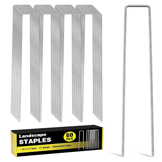 HongWay 60 Pack Landscape Staples 12 Inch, Galvanized Garden Stakes | 11 Gauge Metal Tent Stakes Heavy Duty Extra Long Yard Ground Stakes for Fence, Gardening, Outdoor Decorations