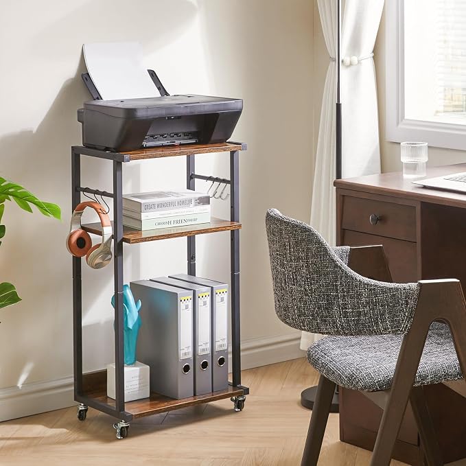 YMYNY 3-Tier Mobile Printer Stand 32.28*17.32*11.81" Rustic Brown HPT002H | Printer Cart with Adjustable Storage Shelf & 6 S-Hooks Tall Printer Table for Home Office,for Computer Tower Stand,Shredder