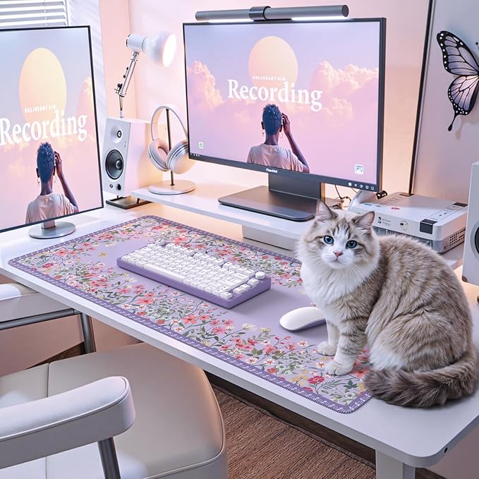 iCasso Large Desk Mat for Keyboard and Mouse,Cute Desk Pad,Purple | Anti-Slip Floral Computer Mat for Women, Girly Gaming Mouse Pad for Home Office