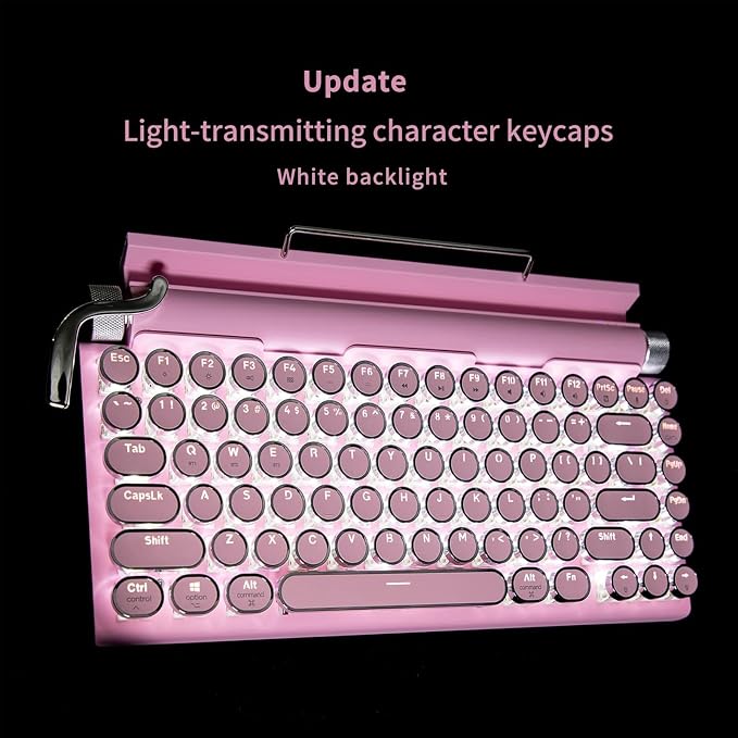 Adventurers Typewriter-Style Retro Mechanical Keyboard LED Backlight 83 Keys Bluetooth 5.0 Blue Axis,Compatible with iOS/Android/Windows/Vista/Linux/Mac Office/Gaming, 12.3x6.6x1.6in (Pink)