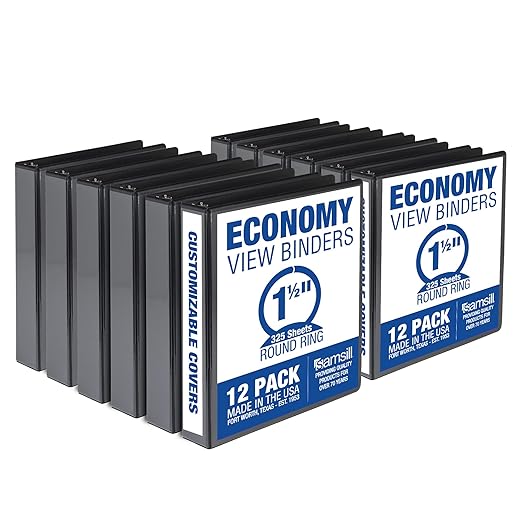 Samsill 1.5 Inch 3 Ring Binders, Economy Round Ring, Clear View Cover, 325 Sheet Capacity - for School, Home, Office - Black, 12 Pack