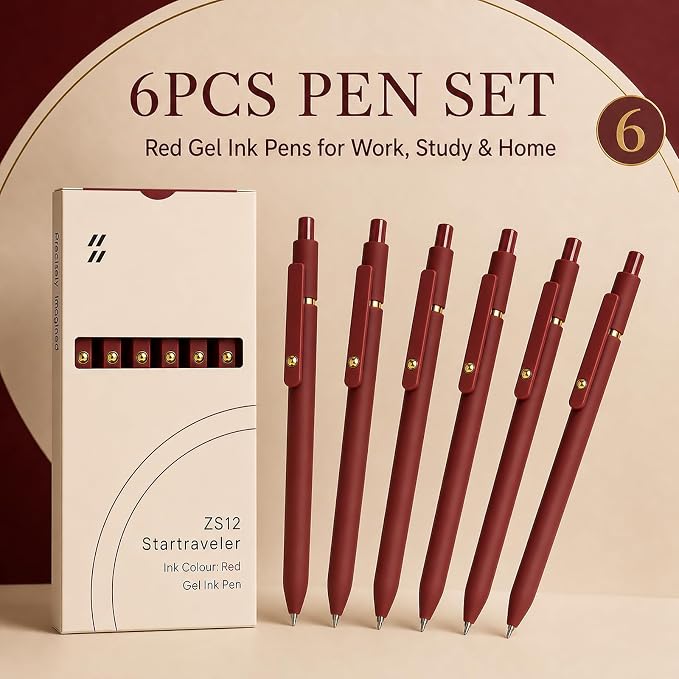 FIOVER Red Gel Pens, 6 Pack 0.7mm Red Colored Pens for Journaling and Notes | Quick-Dry 0.7mm Medium Point for Doodling, Aesthetic Office School Supplies, Gifts for Women Men