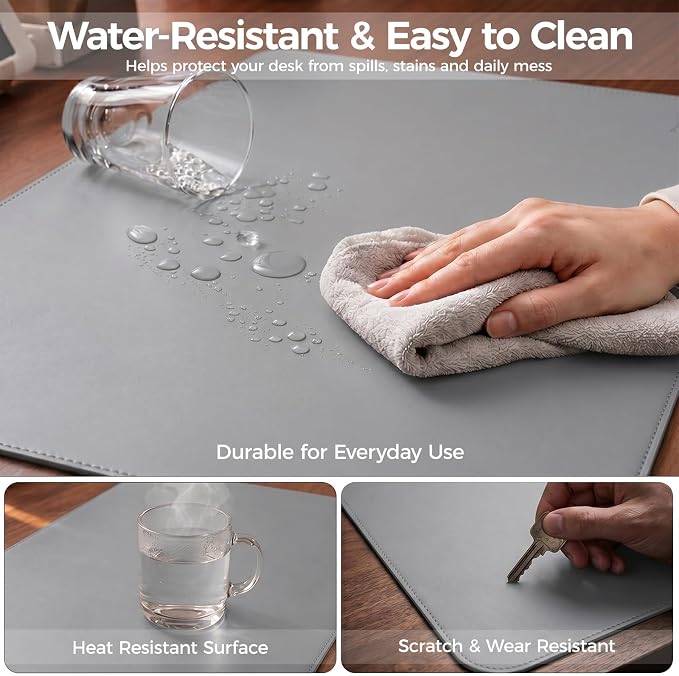 Large Desk Pad Non-Slip Desk Mat Protector for Keyboard Mouse Waterproof Vegan Leather Surface Faux Leather Laptop Mat Smooth Mouse Pad Premium Gift Tube Mist Gray 31.5" x 15.7"