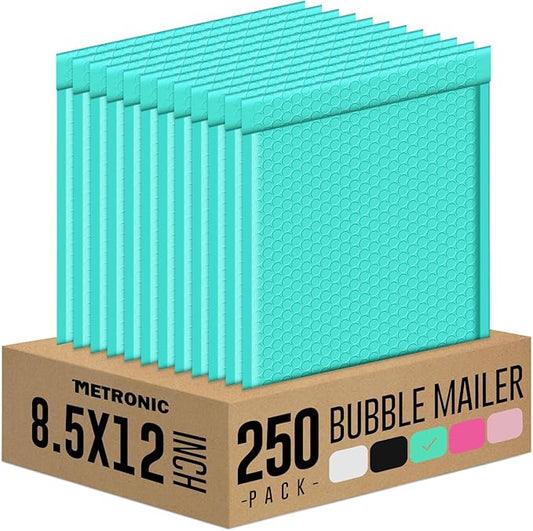 Metronic Bubble Mailer 8.5x12 Inch Teal 250 Pack,Waterproof Padded Envelopes,Self-Seal Small Bubble Mailers Cushioning Bubble Envelopes for Shipping,Jewelry Makeup Supplies, Packaging Bulk