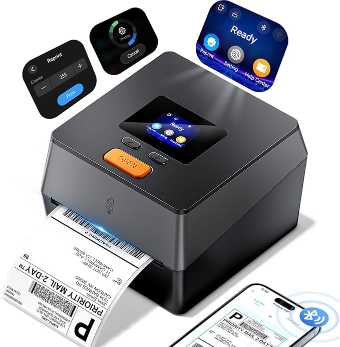 Phomemo Shipping Label Printer with Touchable Screen, 4x6 Bluetooth Thermal Label Printer with Built-in Label Holder, D420D Thermal Printers for Small Business, Compatible with USPS, Tiktok, Amazon