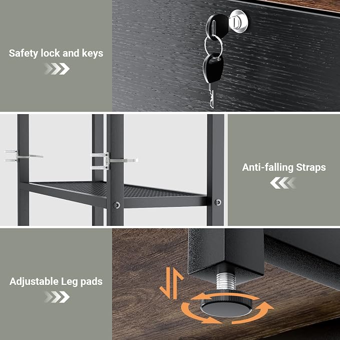 Vertical Filing Cabinet with Bookshelf, Rustic Brown | File Cabinet with Shelves, Lock & Charging Station, Drawer Office File Cabinets with Printer Stand, fits Letter Size
