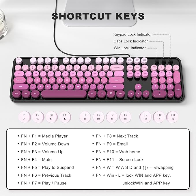 Computer Keyboard Wired, Plug and Play USB Retro Round Typewriter Keyboard, Full Size Wired Keyboard with Foldable Stands for Laptop and Office PC