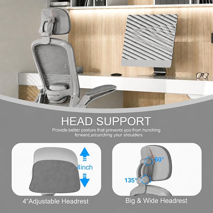 Mimoglad Office Chair, High Back Ergonomic Desk Chair with Adjustable Lumbar Support and Headrest, with flip-up Armrests for Guitar Playing, 5 Years Warranty (Modern, Grey/Gray)