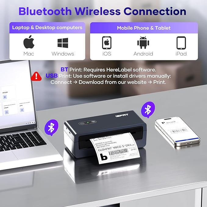 iDPRT Shipping Label Printer 4x6 Bluetooth Thermal Label Printer for Small Business and Shipping Package, Support Android, iPhone, Windows, macOS, Widely Used for Amazon, Shopify