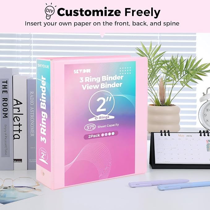 SKYDUE 3 Ring Binder 2 Pack, 2 Inch Clear View Binders with 2 Interior Pockets（Fit 8.5x11 Inches, Round Ring Binder for Office & School Supplies Organize, Pink and Purple