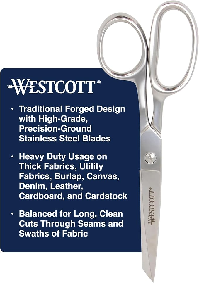 Westcott 8in Forged Classic Fabric and Paper Scissors, Heavy Duty, Knife-Edge for Sewing, Tailoring, General Arts and Crafts, Office