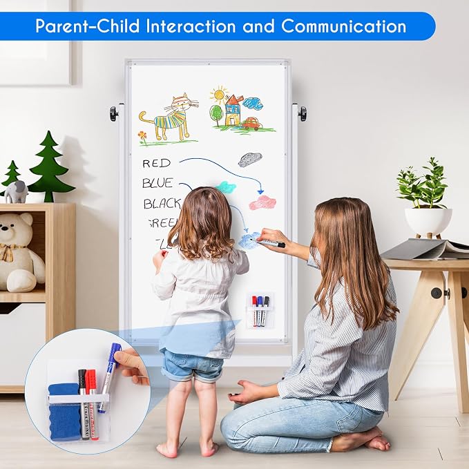 Maxtek Rolling White Board 48 x 24in,Height Adjustable Whiteboard on Wheels | Mobile Easel Large Magnetic Portable Double-Sided Dry Erase Board with Stand for Classroom, Home, School, Office and Teachers
