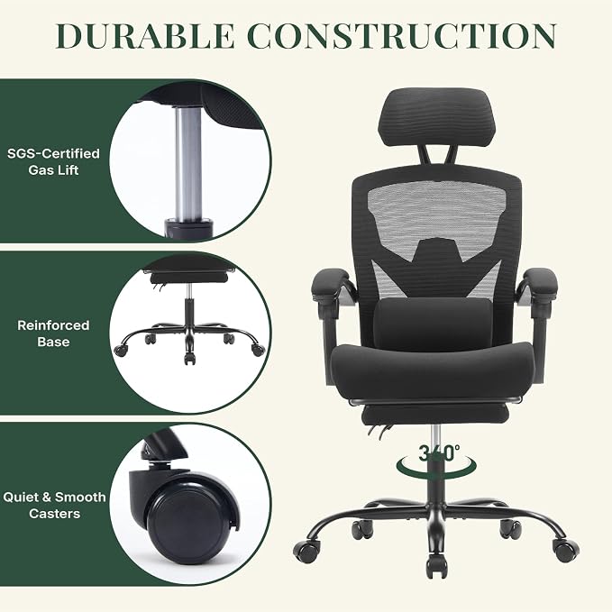 Ergonomic Office Chair with Footrest, Computer Gaming Chair | Adjustable Headrest, Lumbar Support, Swivel Reclining, Padded Armrest, Mesh High Back, Home Desk Work Study, Black