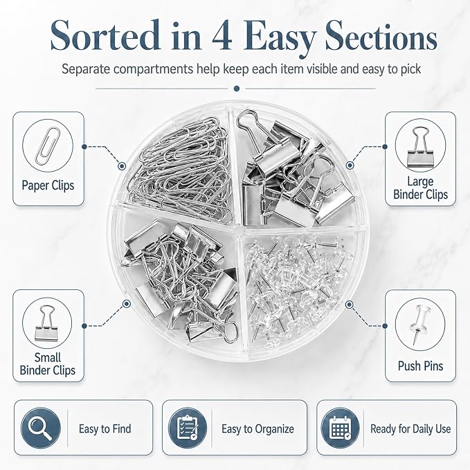 Paper Clips Binder Push Pin Set, Assorted Sized Binder Clips | Cute Office Supplies, Aesthetic Desk Accessories Teachers Desk Must Have, Paper Clips and Binder Clips Set, Silver, 1 Pack
