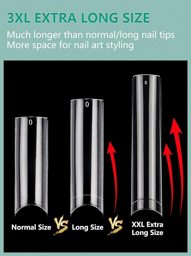 LIONVISON 3XL Square Nail Tips: Individual Size 3 4 5 6 Nail Tips | 200PCS No C Curve XXXL Extra Long - Half Cover Straight Tapered Square Nails Tip 4 Mostly Used Sizes for Home DIY