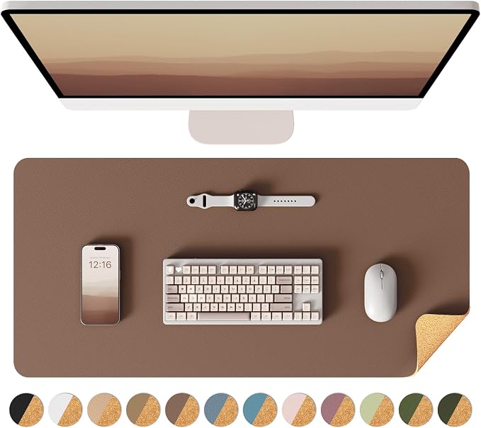 YSAGi Double-Sided Cork PU Leather Waterproof Desk Pad Protector for Office | 23.6"x13.7", Coffee, Fits Mouse & Keyboard,Scratch & Stain Desk Protection,Non-Slip