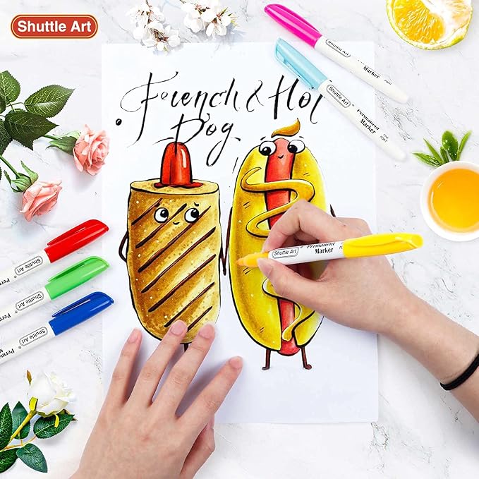 Shuttle Art Permanent Markers, 48 Colors Fine Point, Assorted Colors with Travel Case, Ideal for Adults Coloring Doodling on Plastic, Glass, Wood and Stone, Gift for Kids