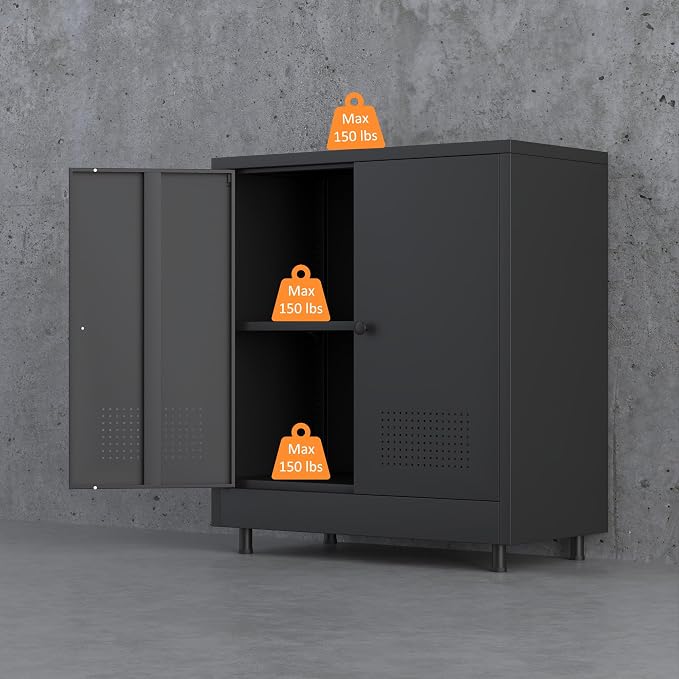 Metal Storage Cabinet with 2 Doors and Adjustable Shelf, Steel Accent Sideboard Buffet Cabinet for Home, Office, Garage, Entryway, Living Room, Kitchen Pantry and Dining Room (Black)