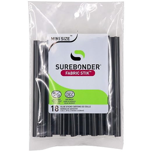 Surebonder Black Mini Size Fabric Hot Glue Sticks, 4-Inch Length - Machine Washable, Works with Fabric, Leather, Ribbon, Foam, 18 Pack, Black