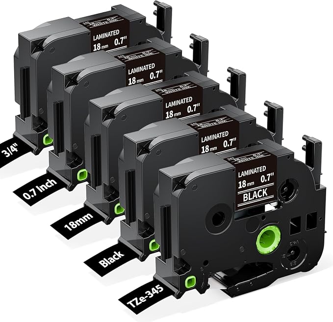 TZe-345 Replace for Brother TZe TZ Tape 18mm 0.7 Laminated Black TZe345 | Compatible with Brother P Touch Label Tape for PT-D400 PT-D410 PTD460BT PT-D610BT PT-D600 Label Maker, 5-Pack, White on Black