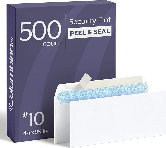 Columbian #10 Security Envelopes,Self Seal Envelopes for Home,School,and Business Mailings,No Window,4-1/8 x 9-1/2 Inches,Durable 24 lb White Paper,500 Count (Pack of 5)