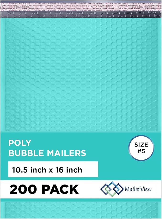 Teal Bubble Mailers 10.5x16, Self Seal Poly Padded Envelopes #5, 200 Pack | Fits Books, Comics & Apparel, No Tape Needed, Cushioned Protection, Water-Resistant Poly, Bulk Pack for Small Business
