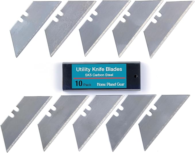 Utility Knife Blades Ten Pack - Box Cutter Blades Refills - 10 Heavy Duty SK5 High Carbon Steel Utility Razor Blade Replacement in Convenient Storage Box - Standard Size - Fits Most Cutters & Knives