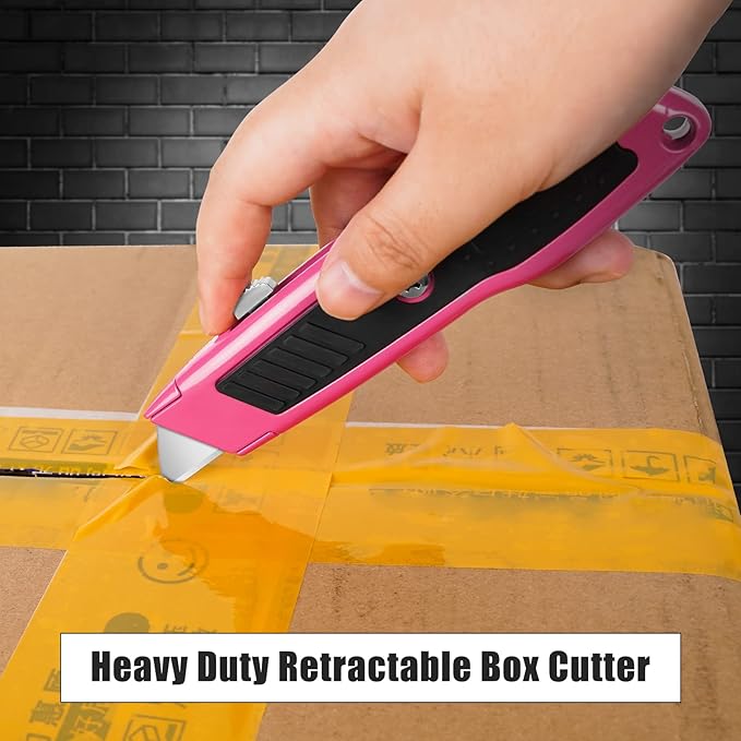DIYSELF 2 Pack Box Cutter Retractable Heavy Duty Utility Knife, Ergonomic Razor Knife for Warehouse, Office, Exacto Knives Box Opener for Package, Cardboard (Pink)