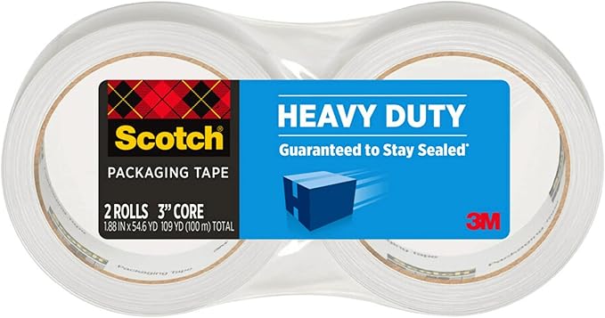 Scotch Heavy Duty Shipping Packaging Tape, 1.88 in x 54.6 yd, Designed for Packing, Shipping and Mailing, Strong Seal on All Box Types, 3-Inch Core, 2 Rolls