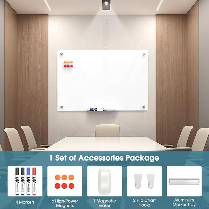 MaxGear 36" x 24" Glass Whiteboard Wall Mounted for Office Home Classroom | Magnetic Glass Dry Erase Board, Tempered Glass, Steel Backed, Non-Porous Surface, Frameless Design, Hardware Included