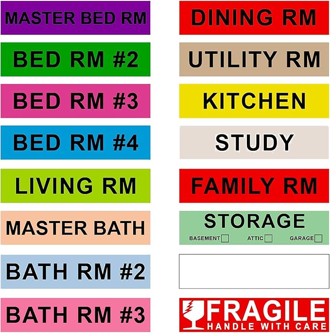 16 Rolls 960 PCS Moving Labels, 1''x4.5'' Color Coded Stickers | 16-Design Pre-Printed Moving Stickers, with Fragile + Blank Customizable Labels, for Home/Apartment, Avoid Rough Surfaces