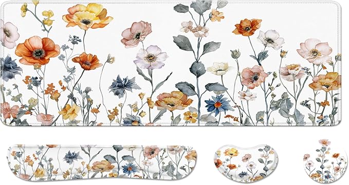 Desk Pad and Keyboard Wrist Rest, Large Mouse Pad + Keyboard Pad+Mouse Wrist Support, Non-Slip Desk Mat Protector for Office, Home 31.5×11.8 Inches Cute Floral