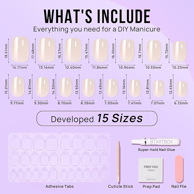 BTArtbox Press On Nails Short - Square Press On Nail, Brown Chrome Nail Tip Glue On Nails with Nail Glue, Reusable Stick On Nails in 16 Sizes - 32 Soft Gel Fake Nails Kit, Cream Soda