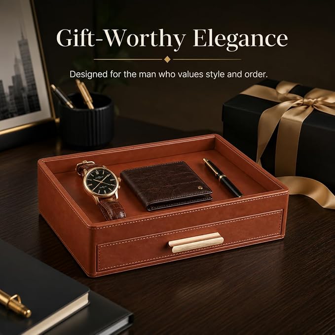 GORESE Leather Valet Tray with Drawer for Men, Nightstand Organizer, Brown | Vegan Leather, EDC Desk Organizer Tray for Jewelry Cologne Watch Wallet Key, Catchall Tray for Dresser Entryway Table Bedside