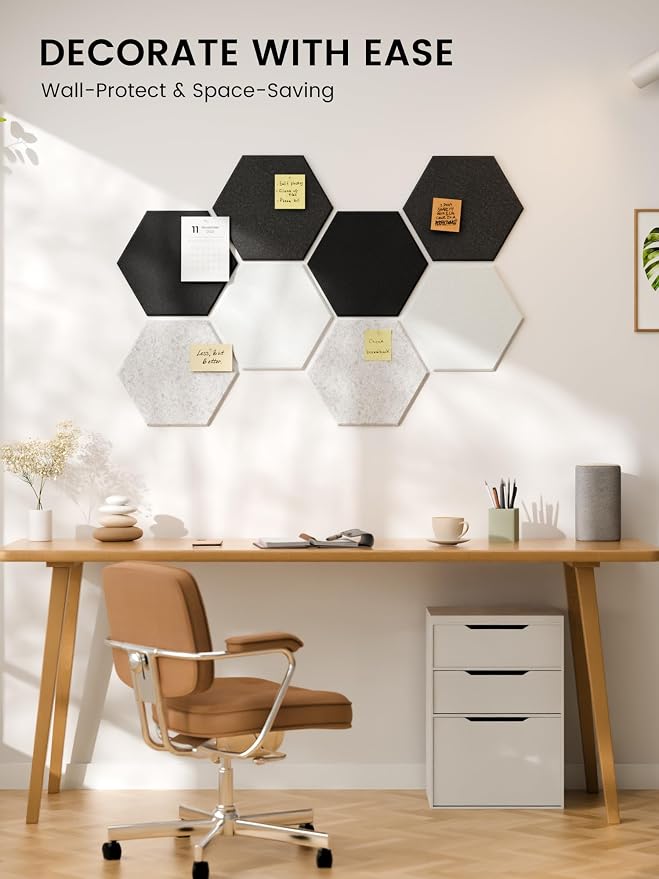 Fluxynara 8-Pack Hexagon Felt Bulletin Board Tiles, Concrete Echo | Cork Board Alternative with 50 Adhesive Tabs for Notes, Photos and Reminders in Home Offices, Dorm and Classrooms