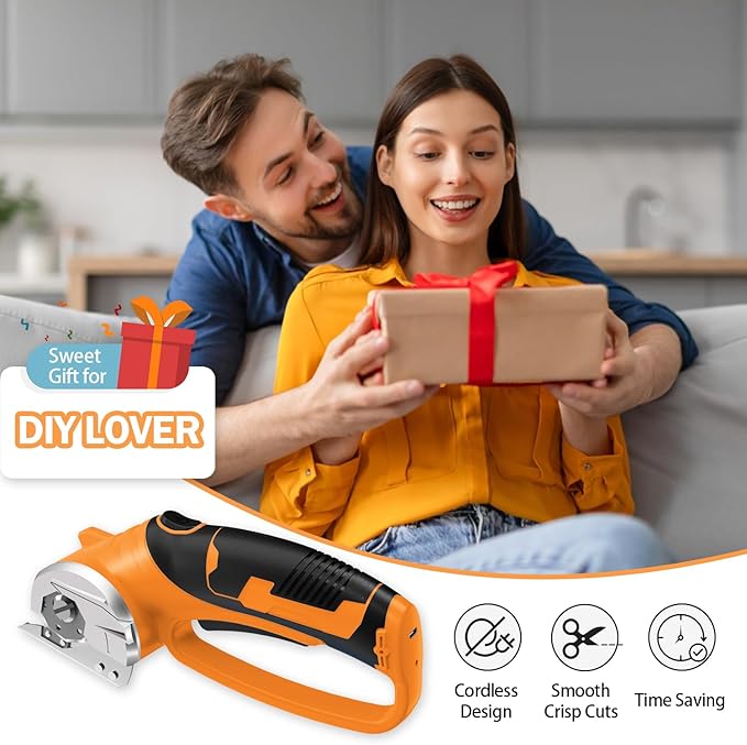 Cordless Electric Scissors, 4V Rechargeable Box Cutter & Cardboard Cutter with LED Light, Safety Lock - Rotary Cutter for Fabric, Leather, Carpet, Plastic, Crafting, Sewing with Storage Box (Orange)