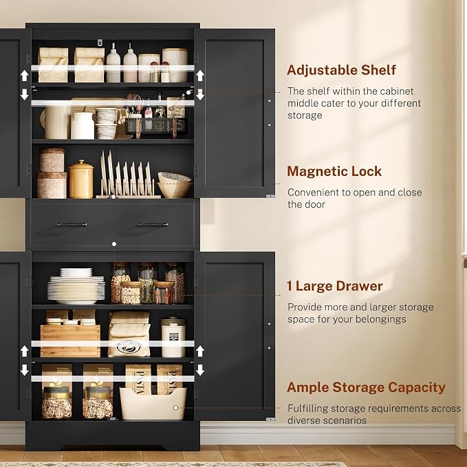 Tall Storage Cabinet with 2 Adjustable Shelves & 1 Large Drawer, Kitchen Pantry Cabinet with 4 Doors, Bathroom Storage Cabinets, for Living Room, Kitchen, Bathroom, Black
