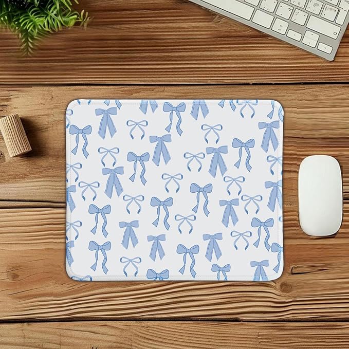 Mouse Pad for Desk with Stitched Edge, Premium Cute Washable Mouse Pads. Computer Mousepad with Non-Slip Rubber Base, Mousepads for Laptop, 9.25x7.75x0.12 inch (Blue Bows)