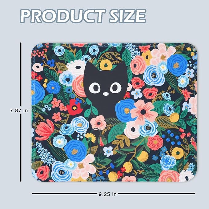 Mouse Pad for Desk with Stitched Edge, Premium Cute Washable Mouse Pads. Computer Mousepad with Non-Slip Rubber Base, Mousepads for Laptop, 9.25x7.75x0.12 inch (Meow Blooms)