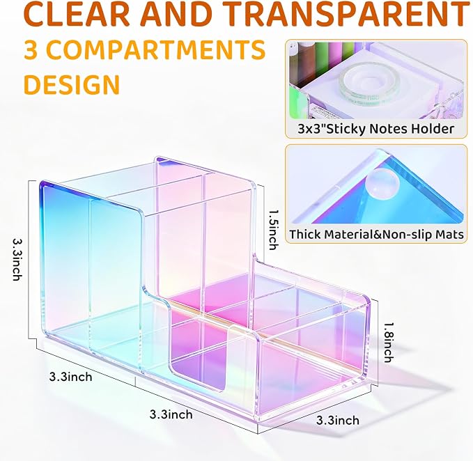 Iridescent Acrylic Desk Organizer with 3 Compartments - Clear Pencil Holder for Office, School & Home - Large Capacity Stationery Storage for Pens, Scissors, Sticky Notes, Paper Clips - Non-Slip Base