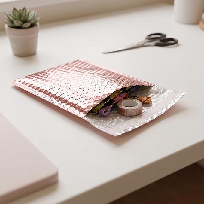 100 PCS 5 x 6 Inch Metallic Bubble Mailers, Rose Gold Padded Mailing Envelopes, Practical Self Seal Aluminum Film Shipping Envelopes for Packing, Mailing