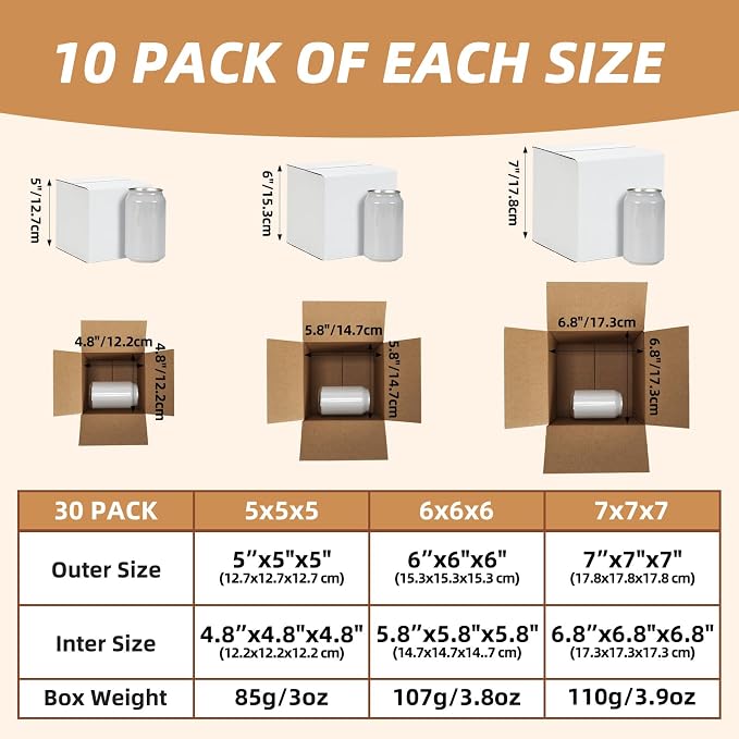 30 Pack 5x5x5, 6x6x6, 7x7x7 Assorted Sizes Shipping Boxes for Small Business, Each Size 10 Pack, White Corrugated Cardboard Small Box for Packaging, Moving, Mailing, and Storing