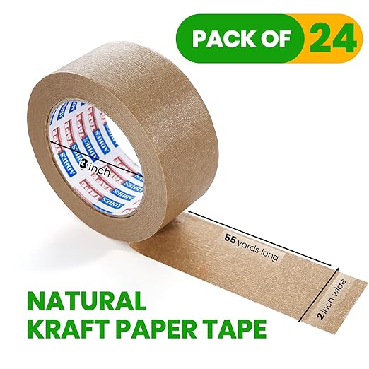 ADHES Biodegradable Kraft Paper Tape Eco Friendly Packing Tape Writable Non-Coated Surface for Masking, Sealing, and Packaging Use,2inch x 55 Yards,24Rolls
