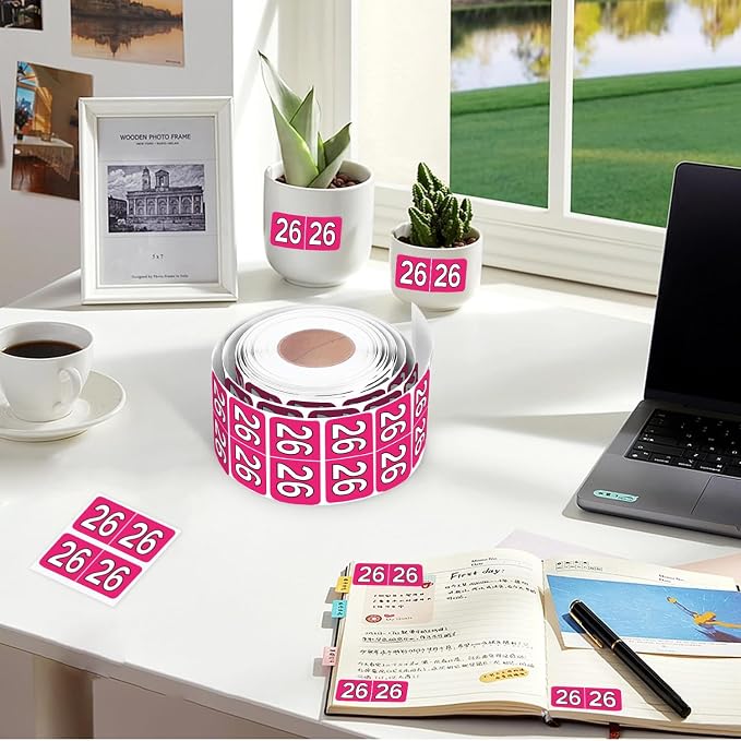 500 Pieces 2026 Year Stickers File Folder Year Labels Rectangle Coded Colored Year Stickers Self Adhesive Year Labels Tab File Folders Office Supplies, 1 Roll, 3/4" x 1-1/2"（Rose Red