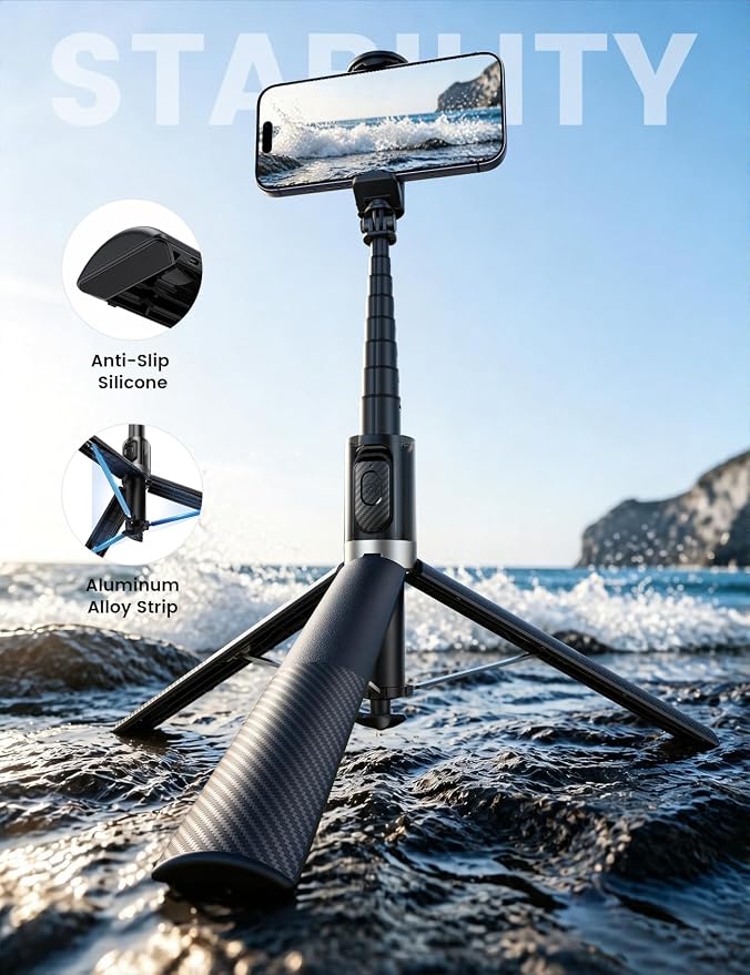 Lamicall 65" Tripod for iPhone 0.77lb Selfie Stick with Remote & Cold Shoe | Auto Open Phone Tripod Ultra-Stable Phone Stand for Recording for Travel Live Stream Vlog fit iPhone 17 Pro Max Android-Black