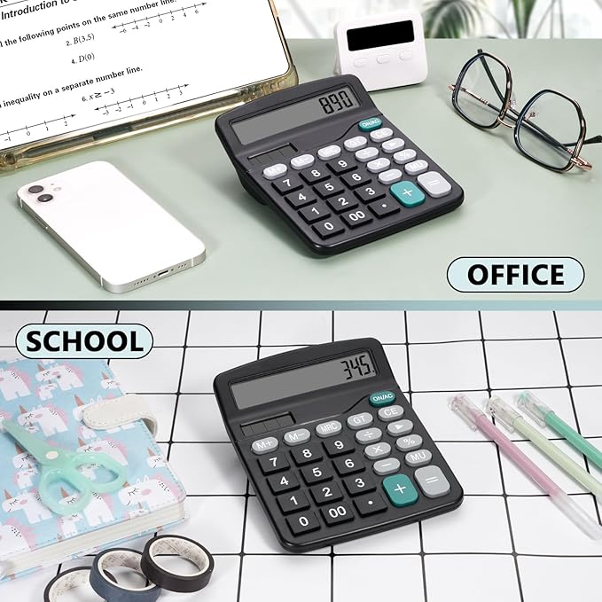 Desktop Calculator with Big Buttons, Dual Power Source, Solar and Battery, Large Display Screen - Perfect for Office, Teachers, and Students (Black)