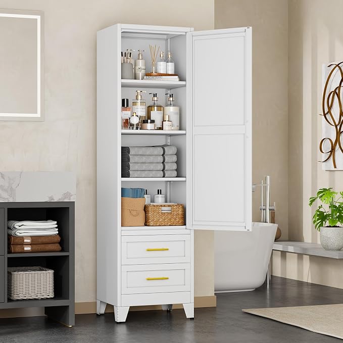 Metal Tall Narrow Storage Cabinet,Freestanding Floor Cabinet with 2 Drawers and 3 Adjustable Shelves,Pantry Storage Cabinets for Bathroom,Living Room,Entryway and Kitchen,White
