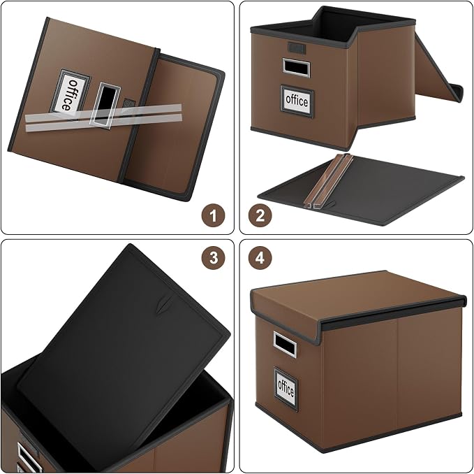 File Organizer Box with Lids, Collapsible File Folder Organizer | File Box with Plastic Slides for Document, Filing Bin for Letter Size Hanging File Folders (4 Pack, Dark Brown, Leather)